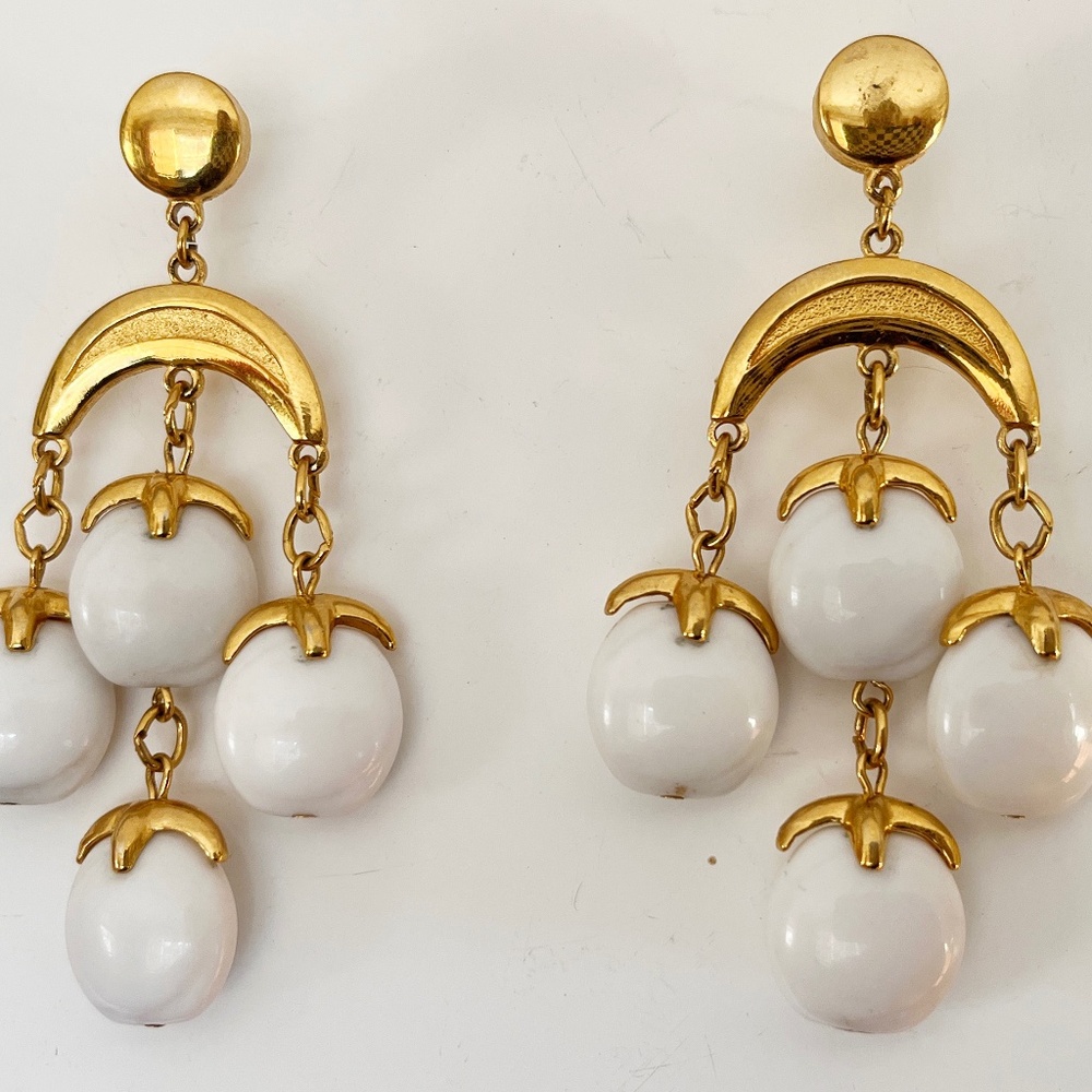 Vintage Trifari gold & white Waterfall earrings- converted to pierced with posts